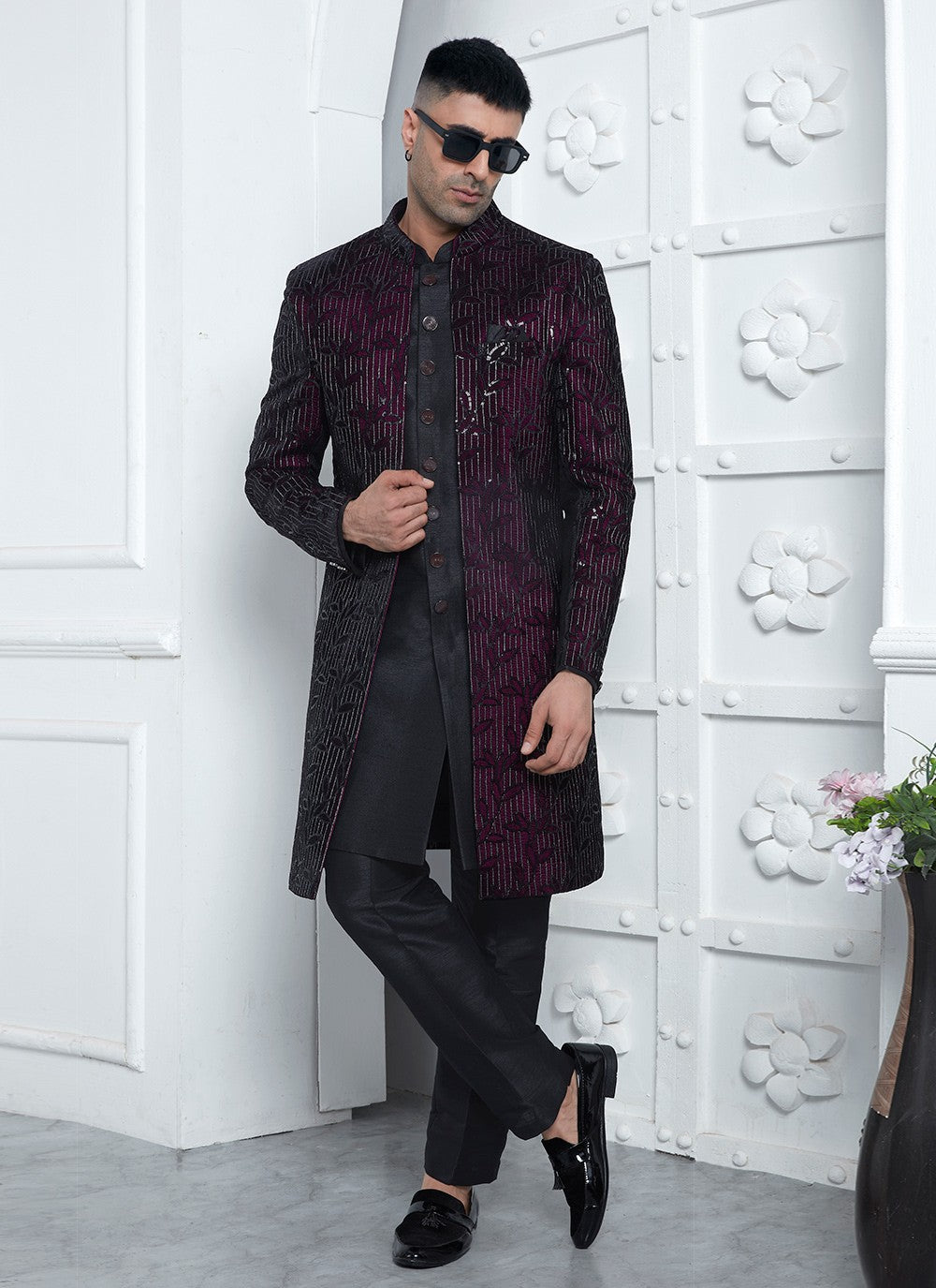 Machine Embroidery Silk, Velvet Black, Wine Sherwani - M8246