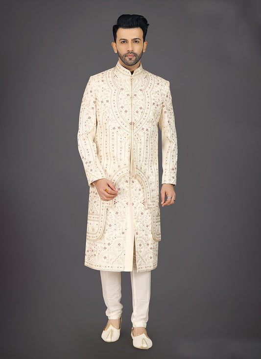 Embroidered Silk Cream Sherwani - M7959
