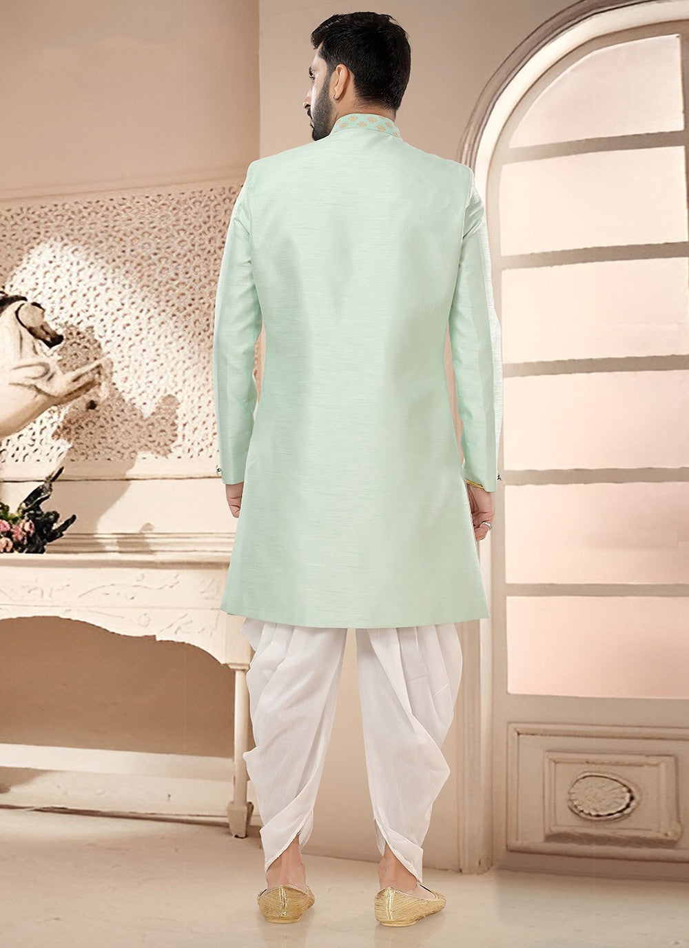 Embroidered Silk Green Sherwani - M7575