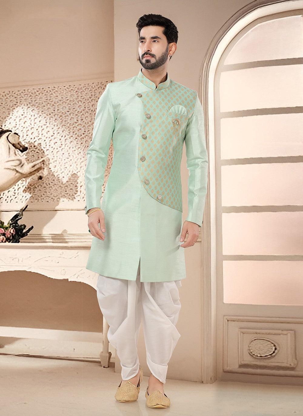 Embroidered Silk Green Sherwani - M7575