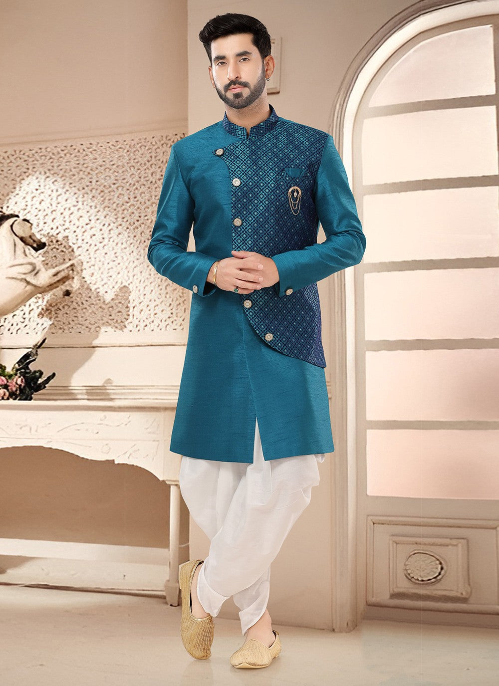 Woven Silk Morpeach Sherwani - M7585