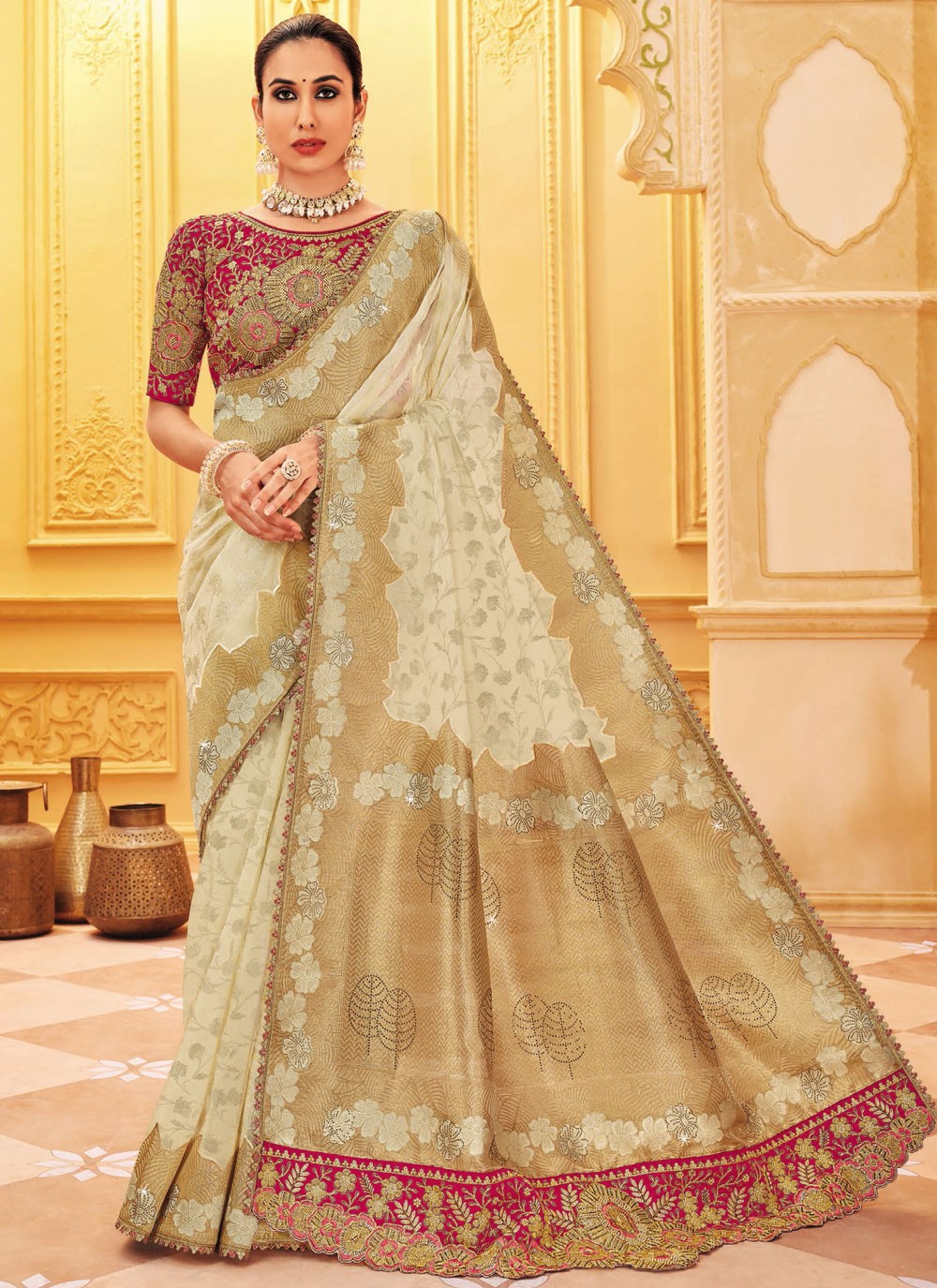 Designer Embroidered Beige Silk Saree S13496