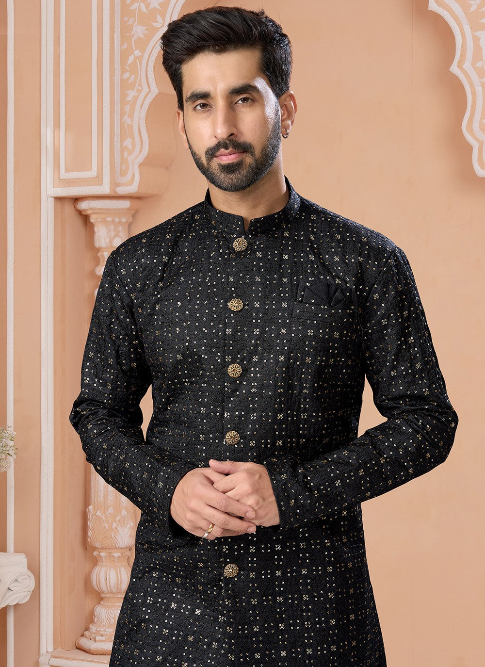 Machine Embroidery Silk Black Indo Western Sherwani - M7153