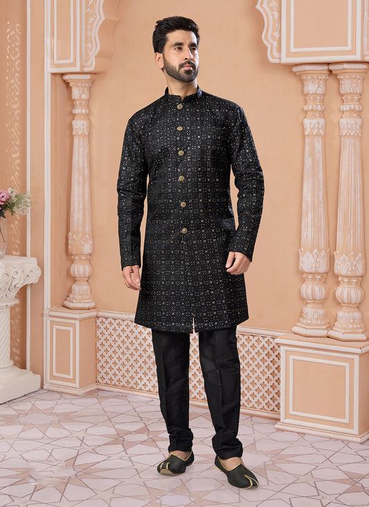 Machine Embroidery Silk Black Indo Western Sherwani - M7153