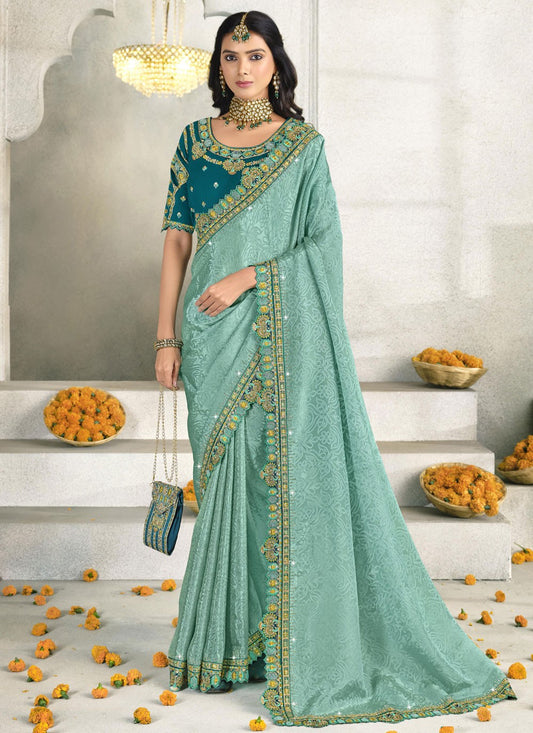 Border Work Silk Firozi Designer Saree S15556