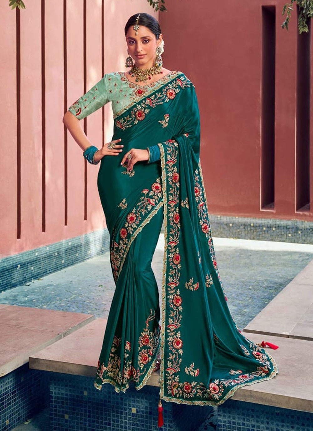Traditional Cut Work Green, Teal Silk Saree S13373