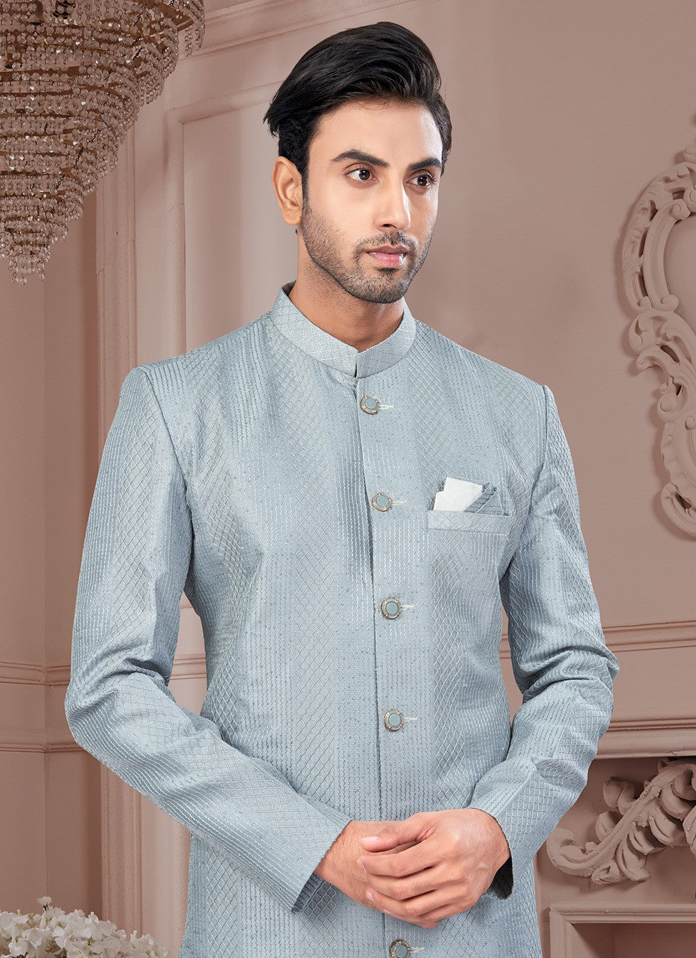 Buttons Silk Grey Indo Western Sherwani - M8635