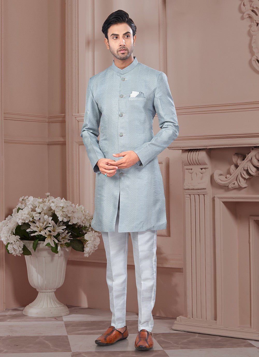 Buttons Silk Grey Indo Western Sherwani - M8635