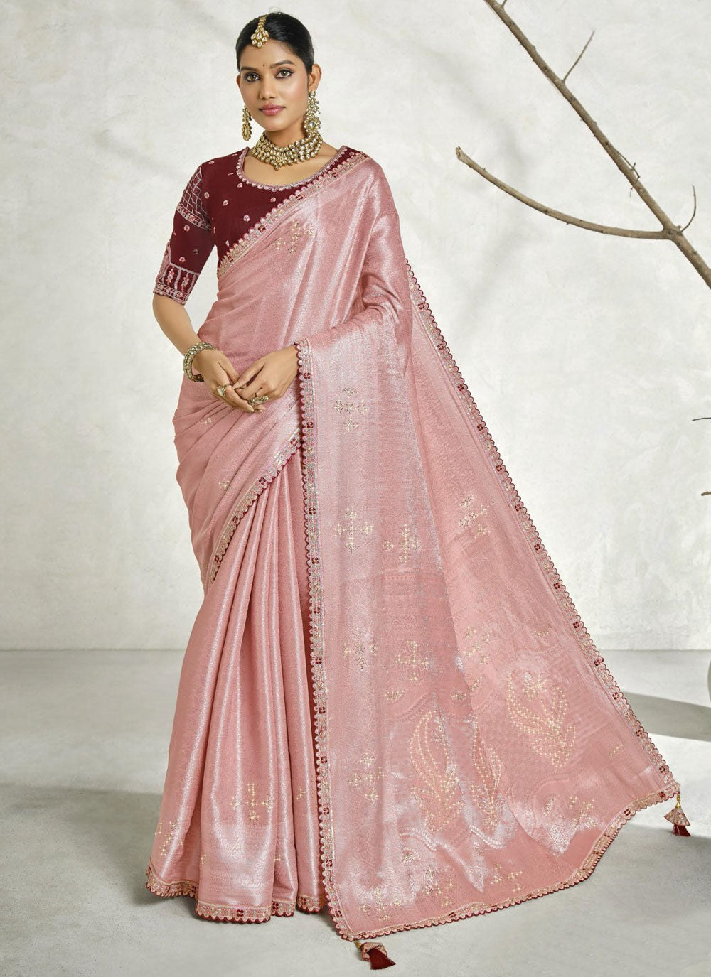 Border Work Silk Pink Trendy Saree S15448
