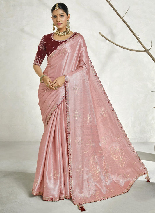 Border Work Silk Pink Trendy Saree S15448