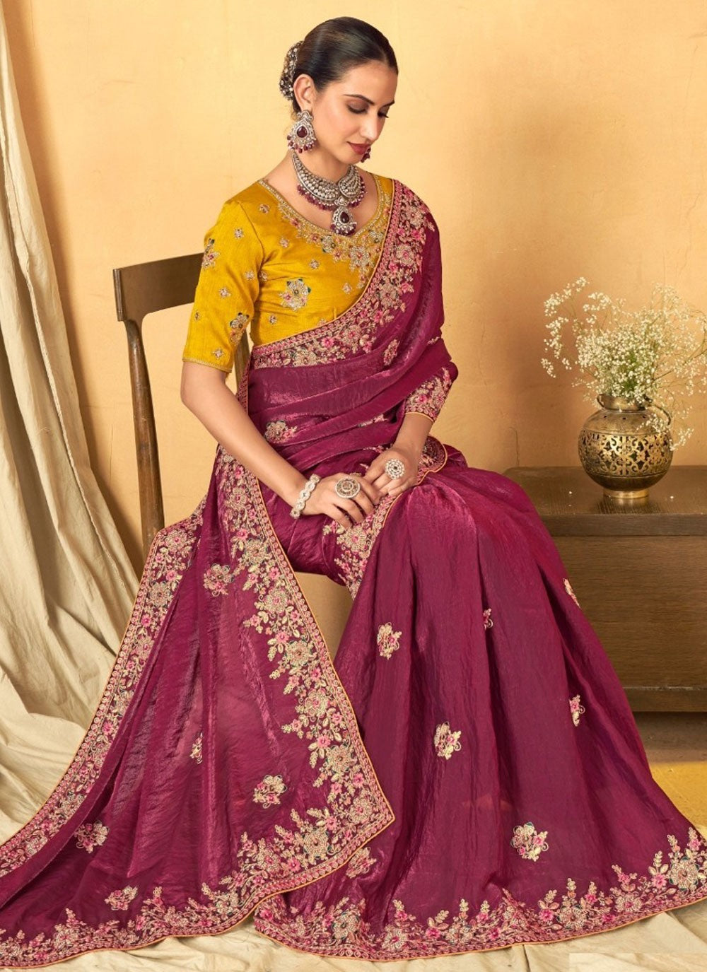 Border Work Silk Wine Trendy Saree S14945