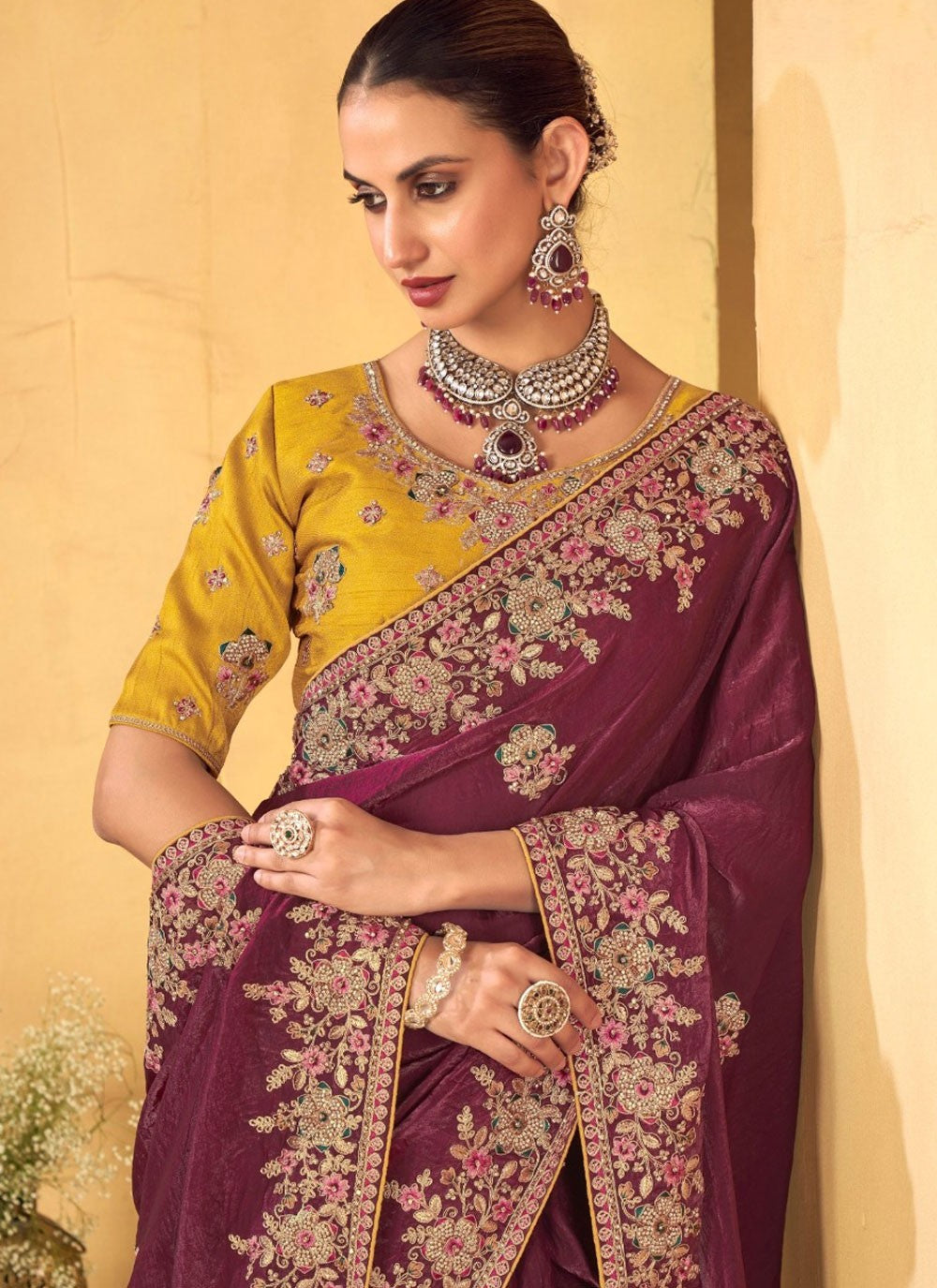 Border Work Silk Wine Trendy Saree S14945
