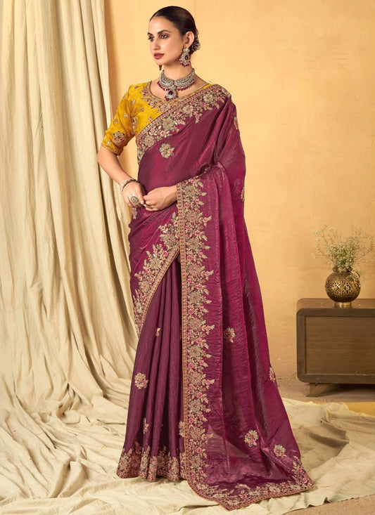 Border Work Silk Wine Trendy Saree S14945