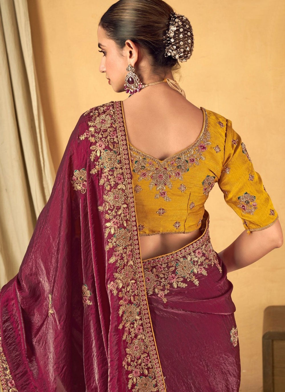 Border Work Silk Wine Trendy Saree S14945