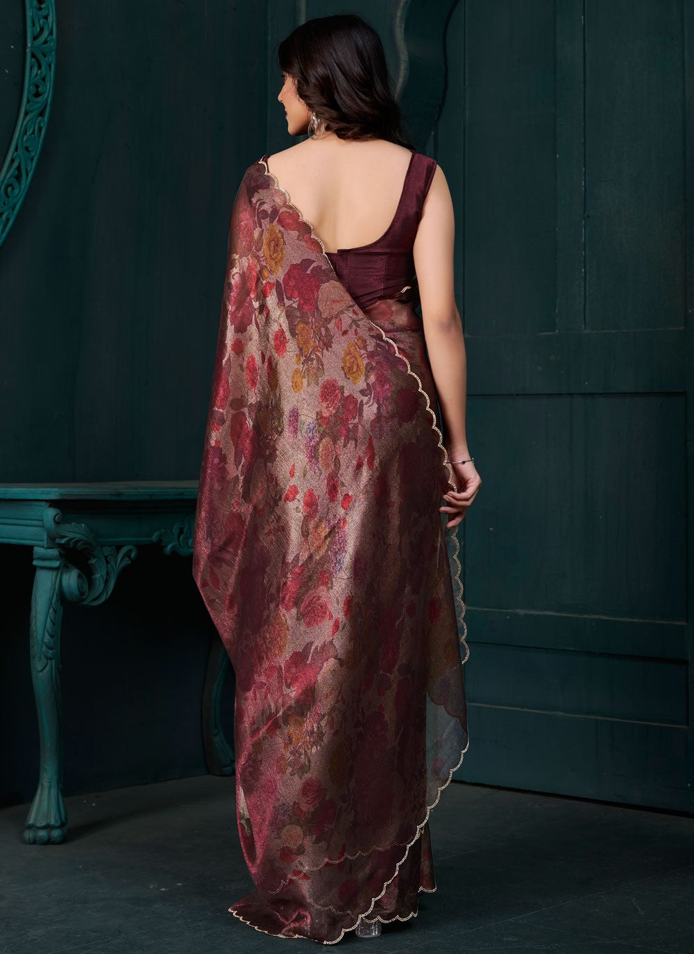 Cut Work Silk Wine Designer Saree S15132