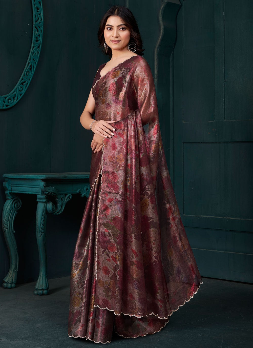 Cut Work Silk Wine Designer Saree S15132