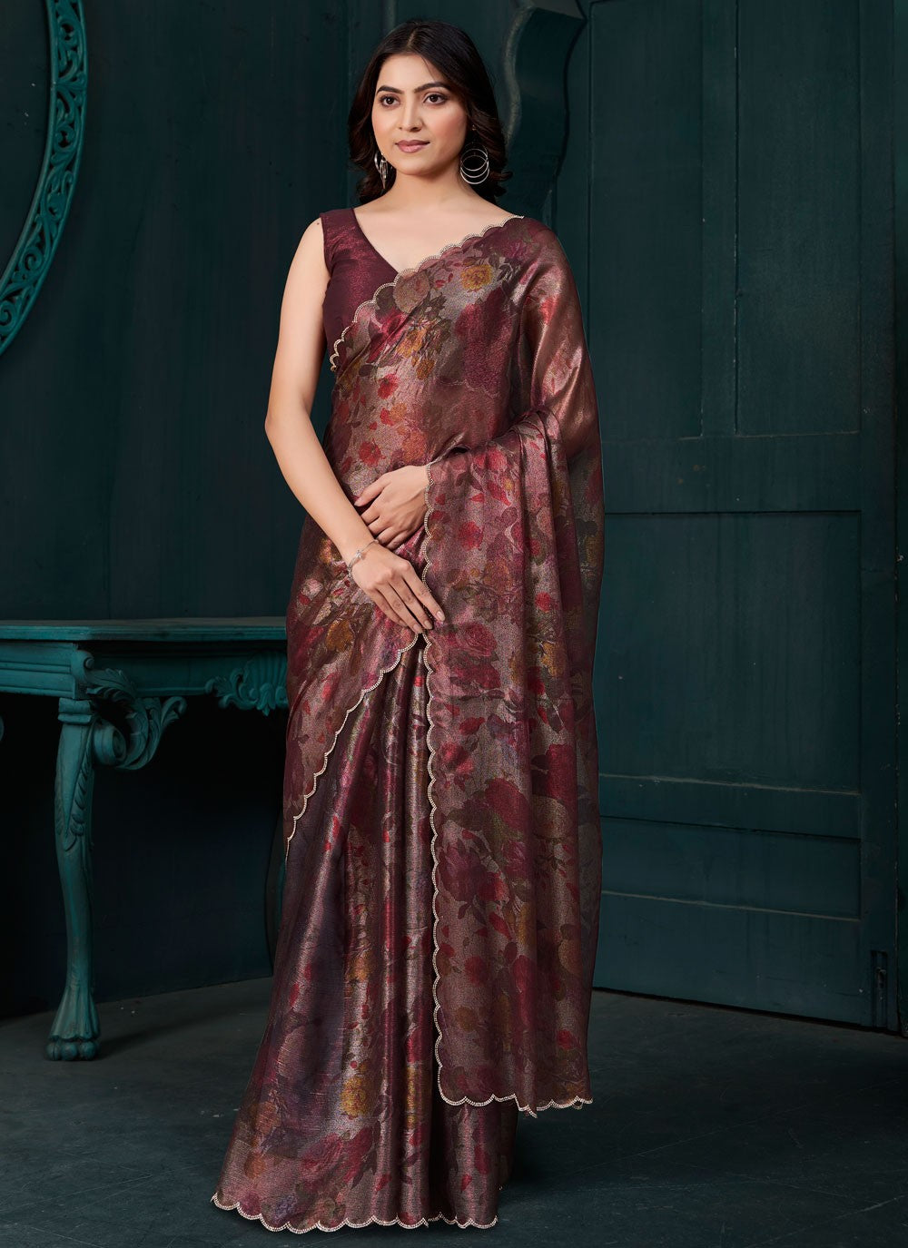 Cut Work Silk Wine Designer Saree S15132