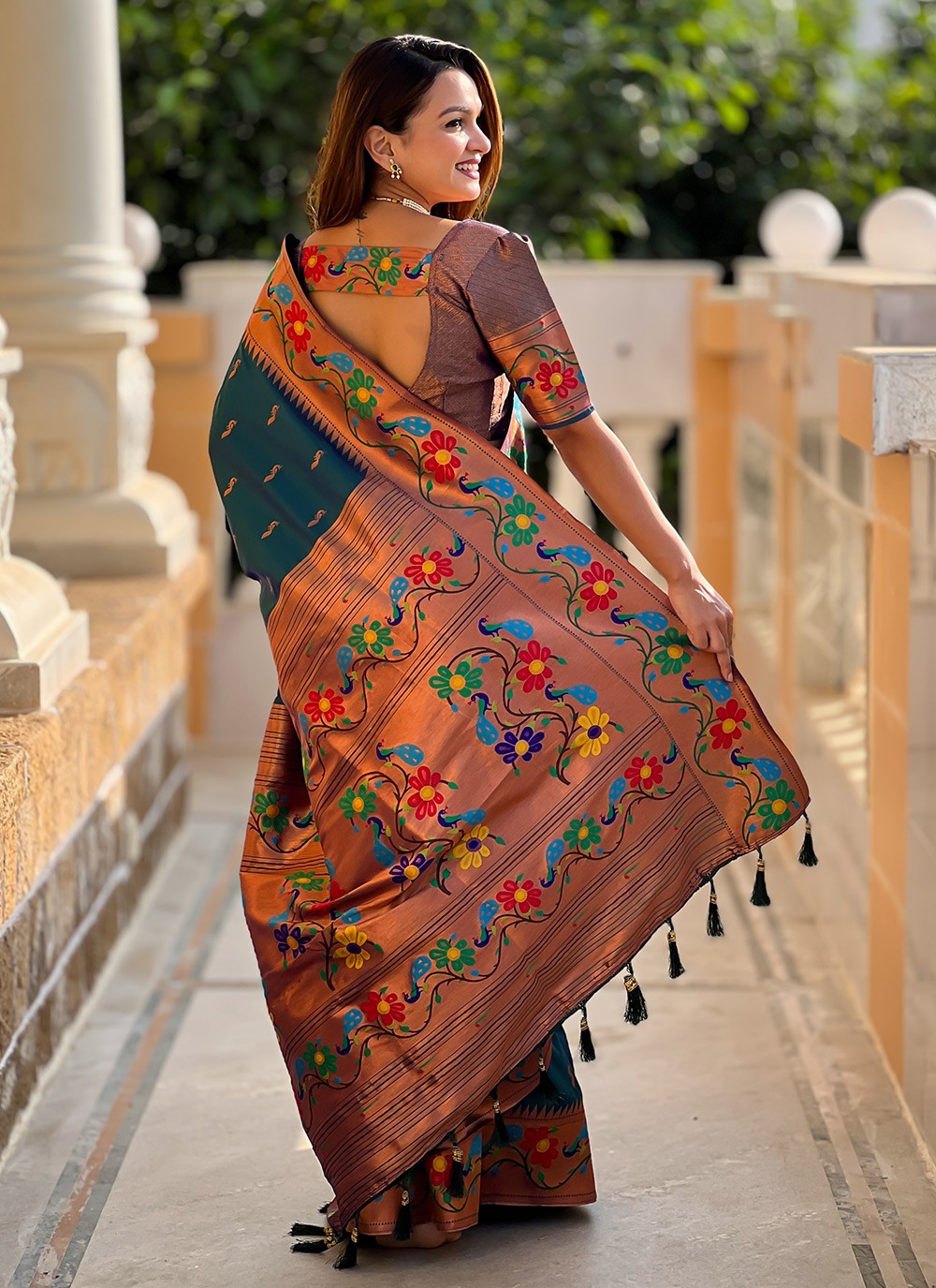 Teal Silk Classic Saree Jacquard Work, Meenakari S19953
