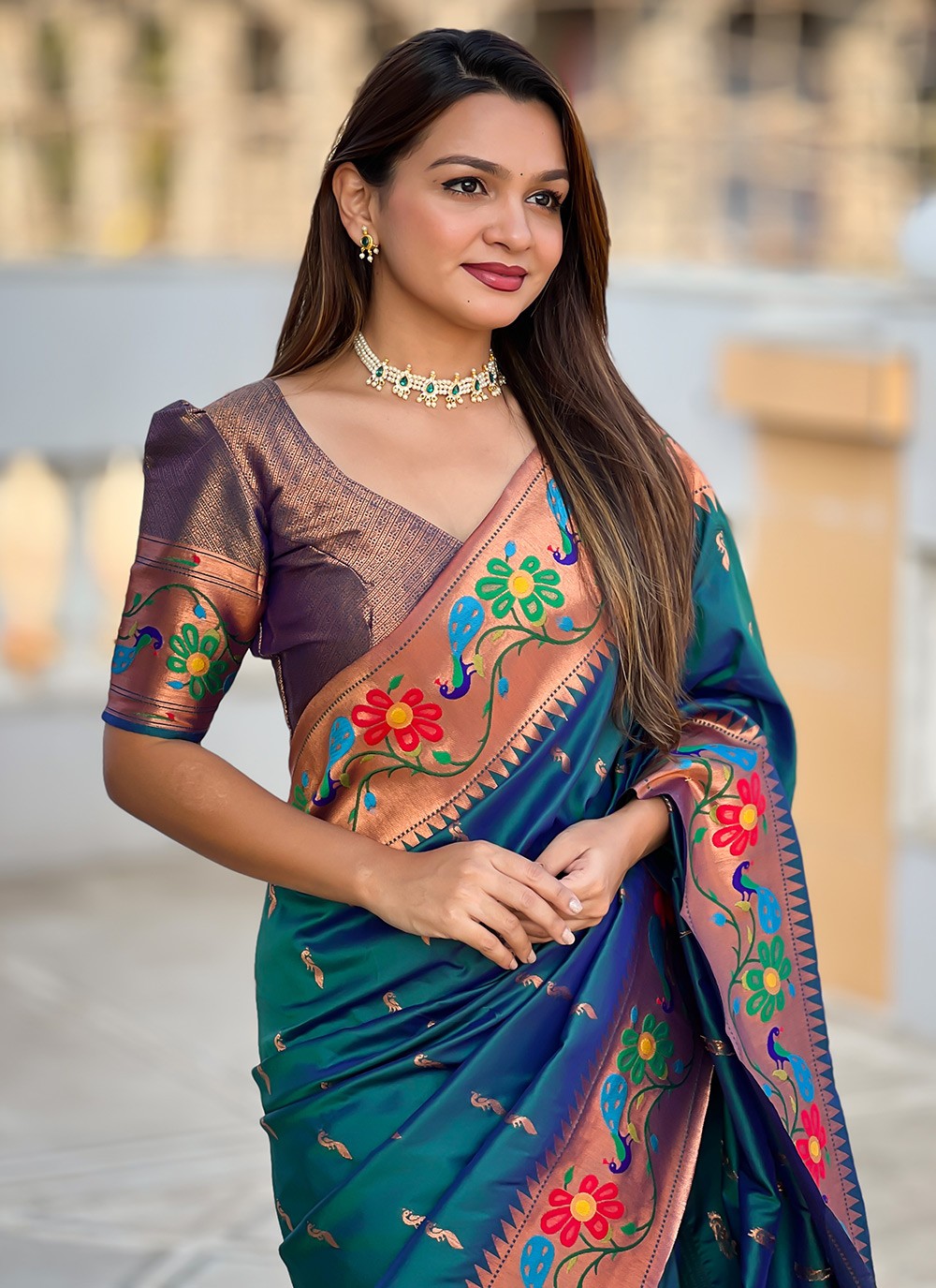 Teal Silk Classic Saree Jacquard Work, Meenakari S19953