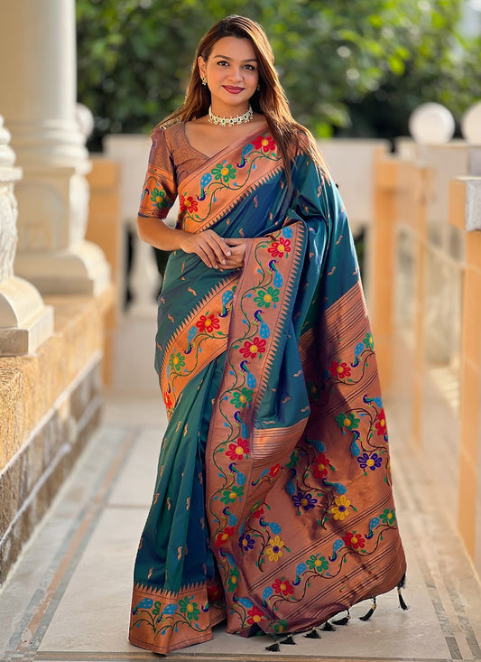 Teal Silk Classic Saree Jacquard Work, Meenakari S19953