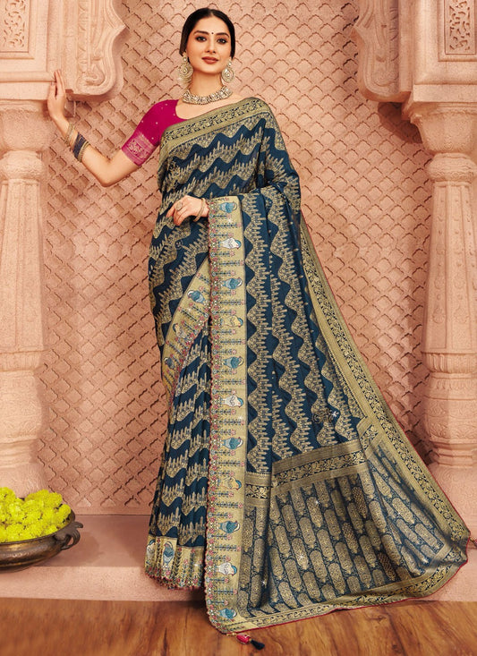 Teal Silk Classic Saree Embroidered, Patch Border S20172