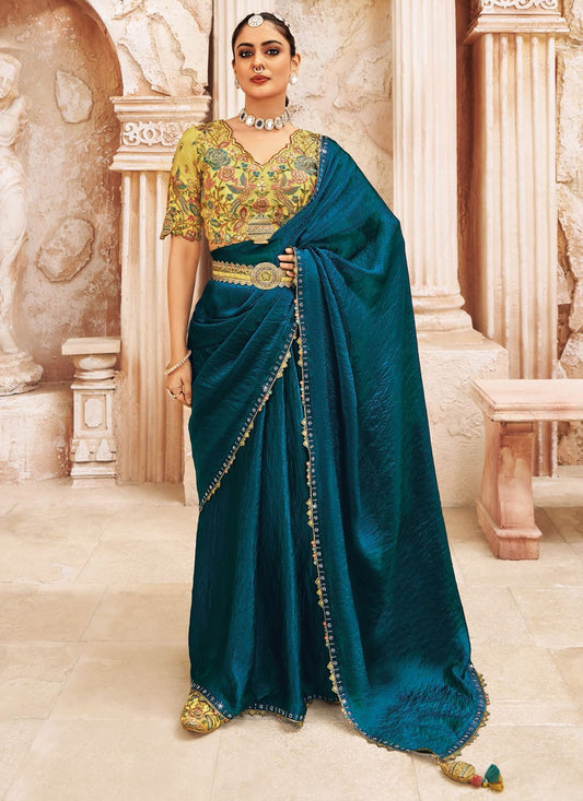 Teal Silk Trendy Saree Embroidered, Lace S19938
