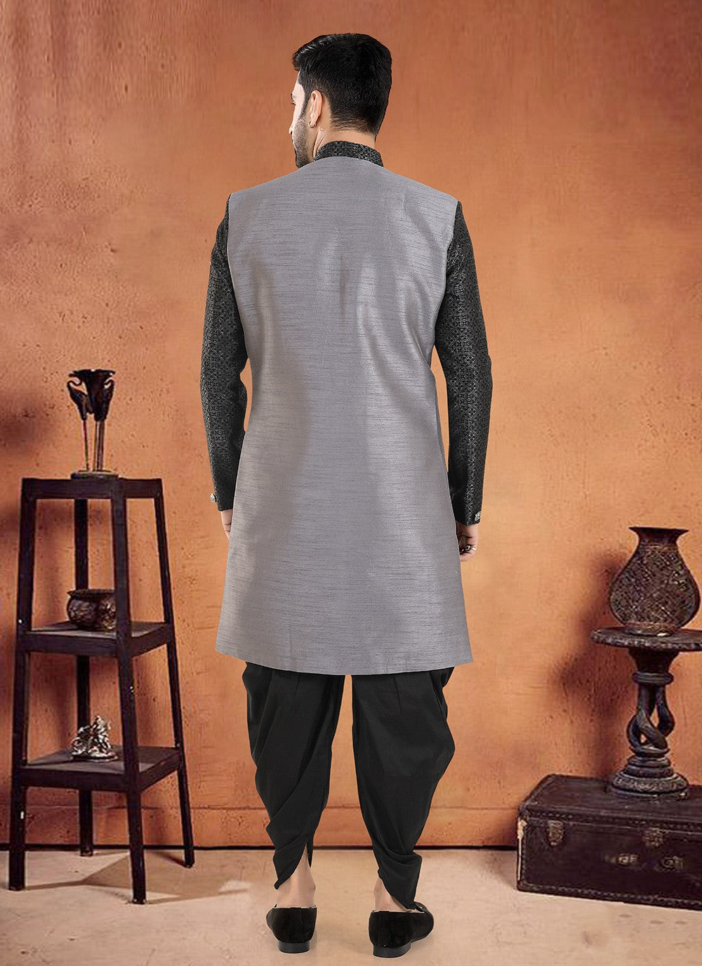 Embroidered Silk Grey Sherwani - M8124