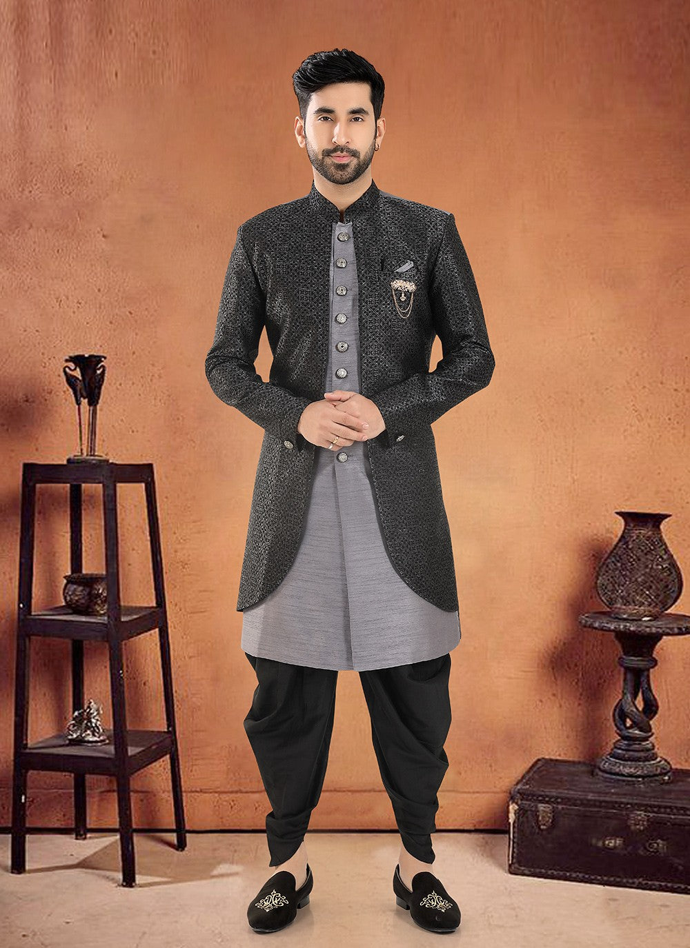 Embroidered Silk Grey Sherwani - M8124