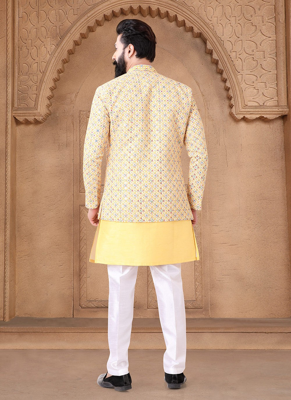 Embroidered Silk Yellow Indo Western - M7673