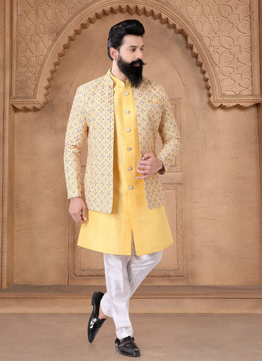 Embroidered Silk Yellow Indo Western - M7673