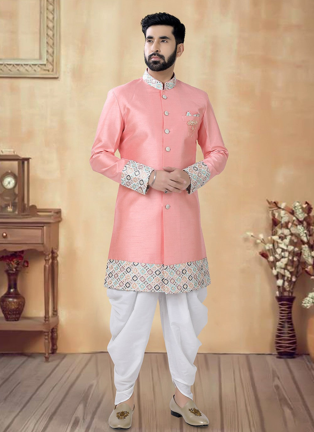 Embroidered Silk Pink Sherwani - M8519