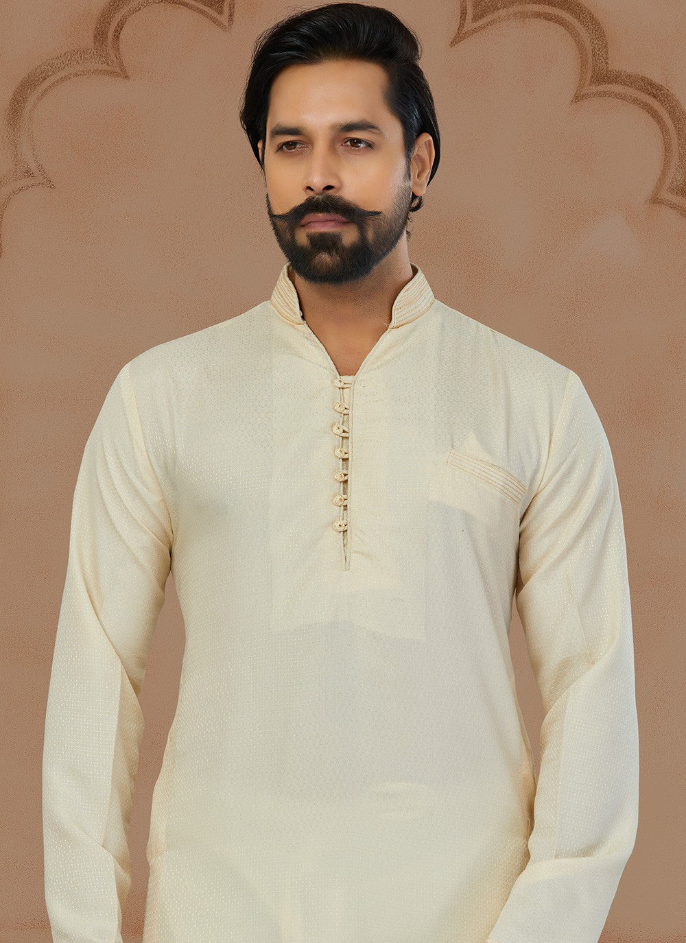Fancy Work Silk Cream Kurta - M5771