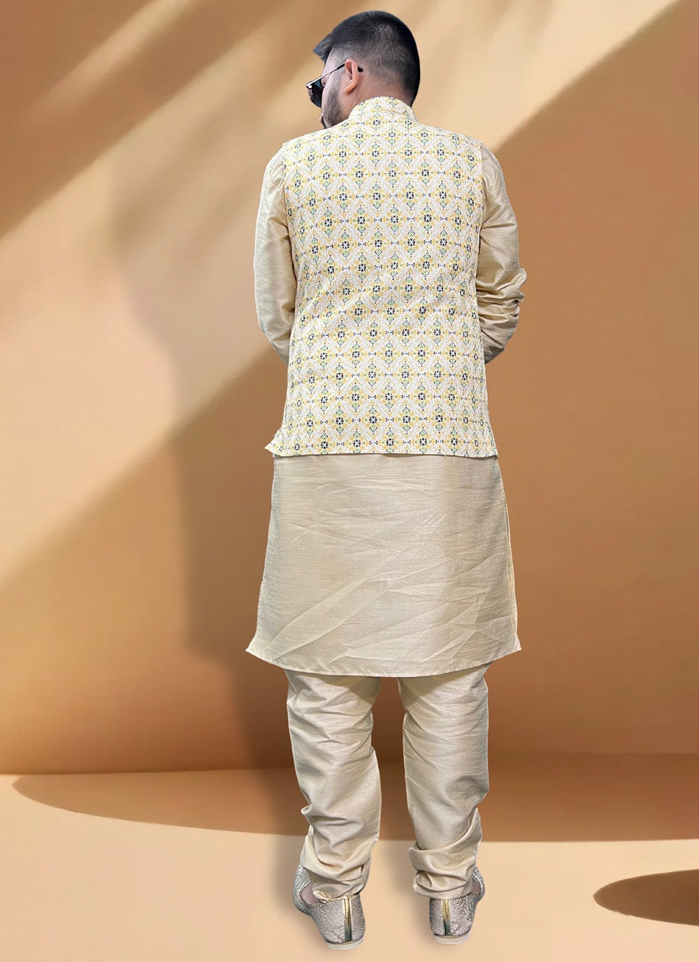 Embroidered Cotton , Silk Gold, Yellow Kurta Payjama With Jacket - M5394
