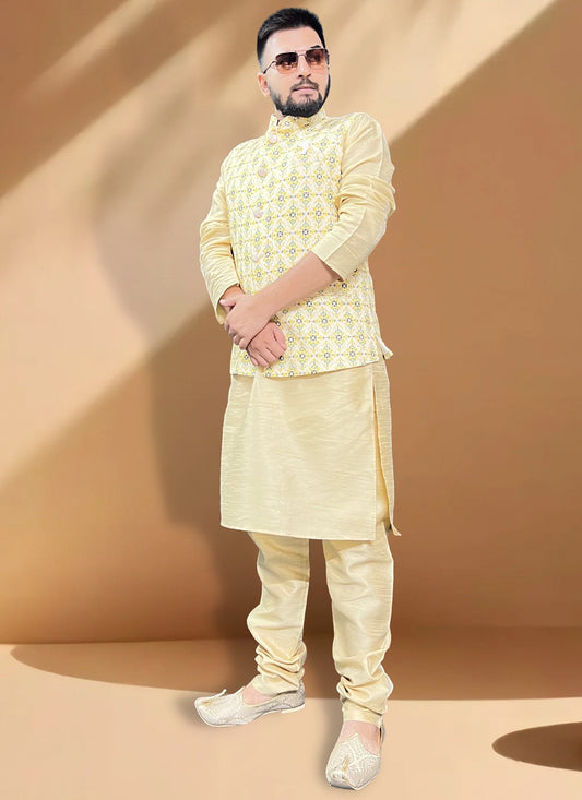 Embroidered Cotton , Silk Gold, Yellow Kurta Payjama With Jacket - M5394
