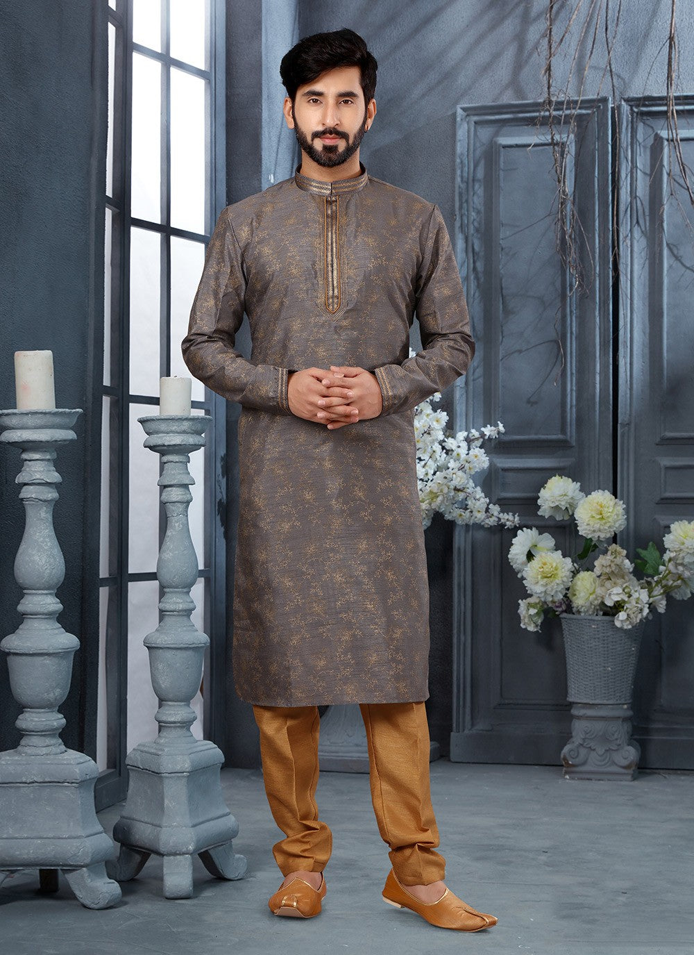 Digital Print Silk Grey Kurta - M5649