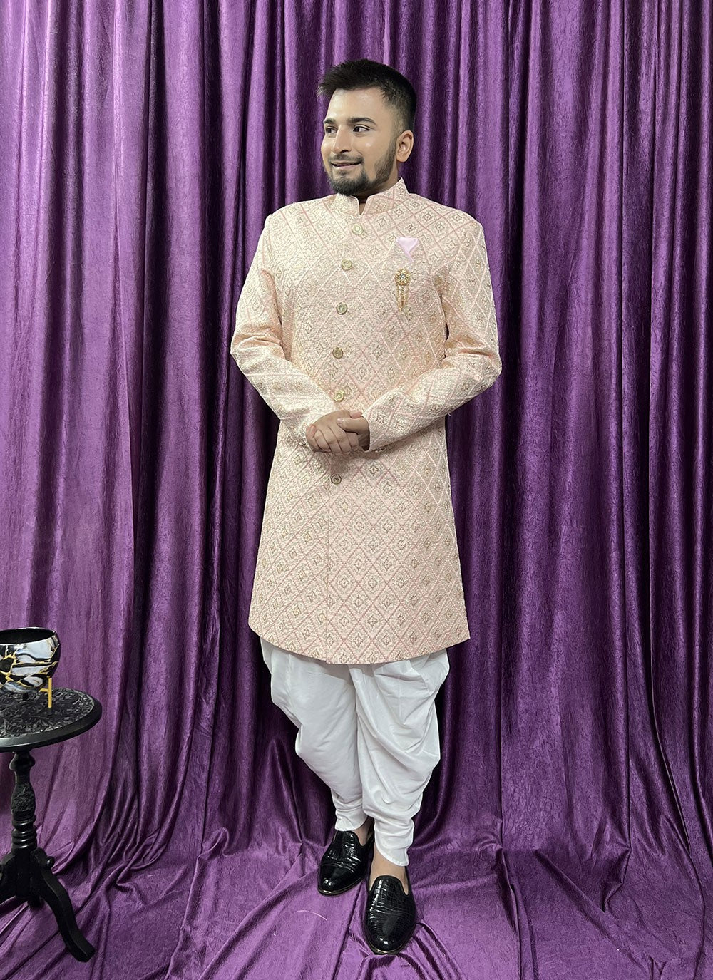 Embroidered Silk Peach Indo Western - M5704