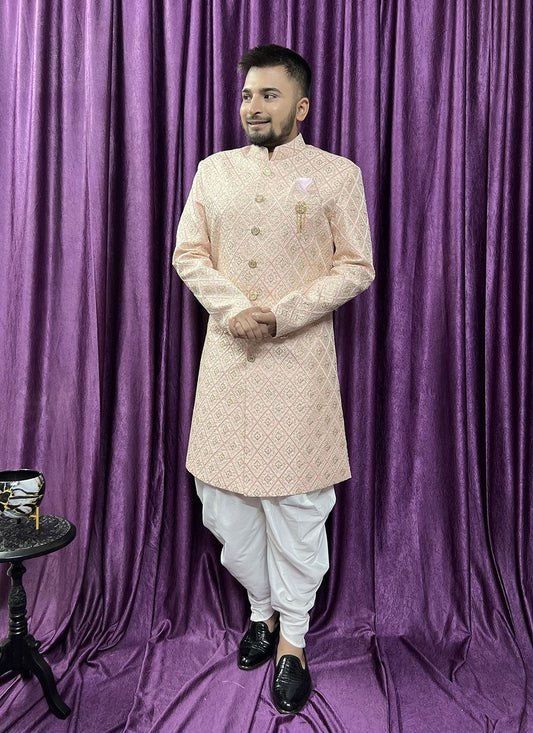 Embroidered Silk Peach Indo Western - M5704