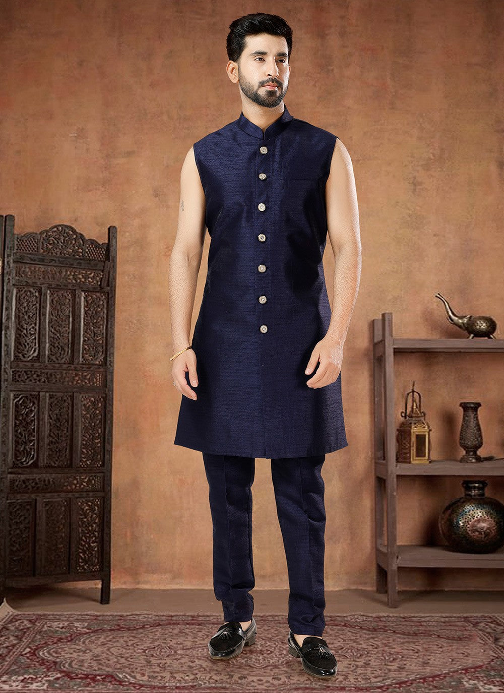 Embroidered Jacquard, Silk Maroon, Navy Blue Indo Western - M7019