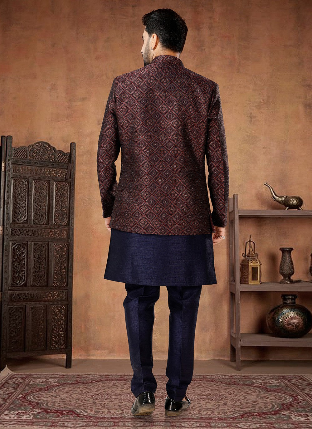 Embroidered Jacquard, Silk Maroon, Navy Blue Indo Western - M7019