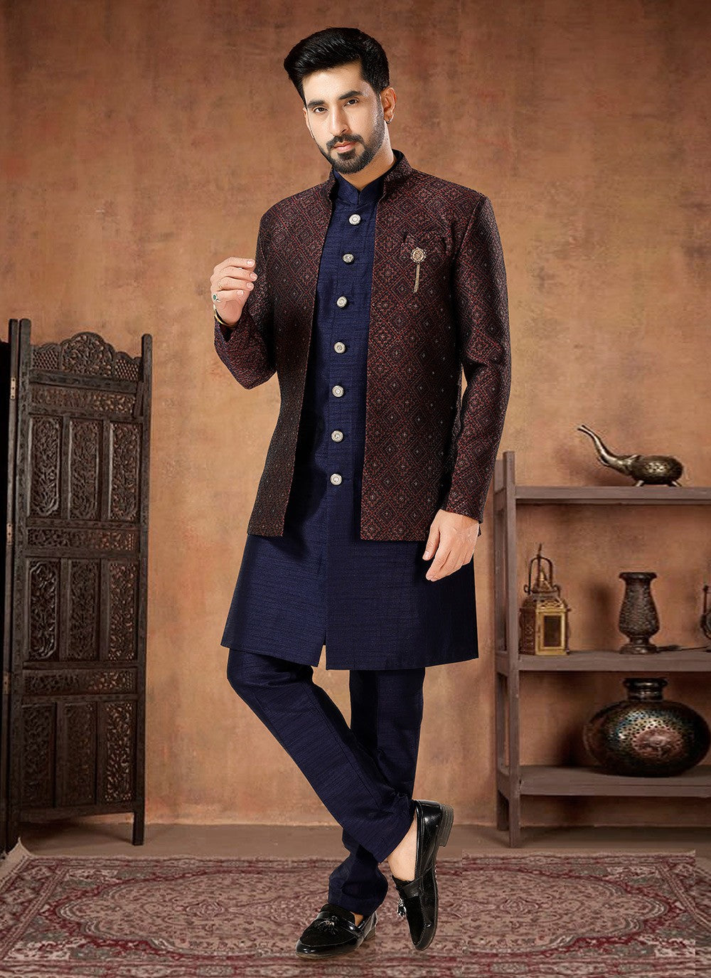 Embroidered Jacquard, Silk Maroon, Navy Blue Indo Western - M7019