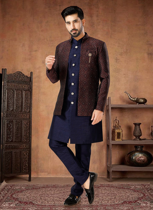 Embroidered Jacquard, Silk Maroon, Navy Blue Indo Western - M7019