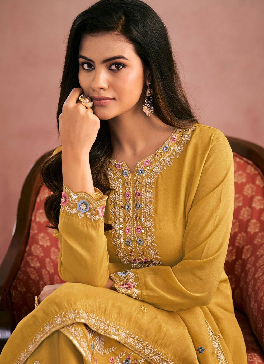 Palazzo Suit Embroidered, Thread Mustard T8772