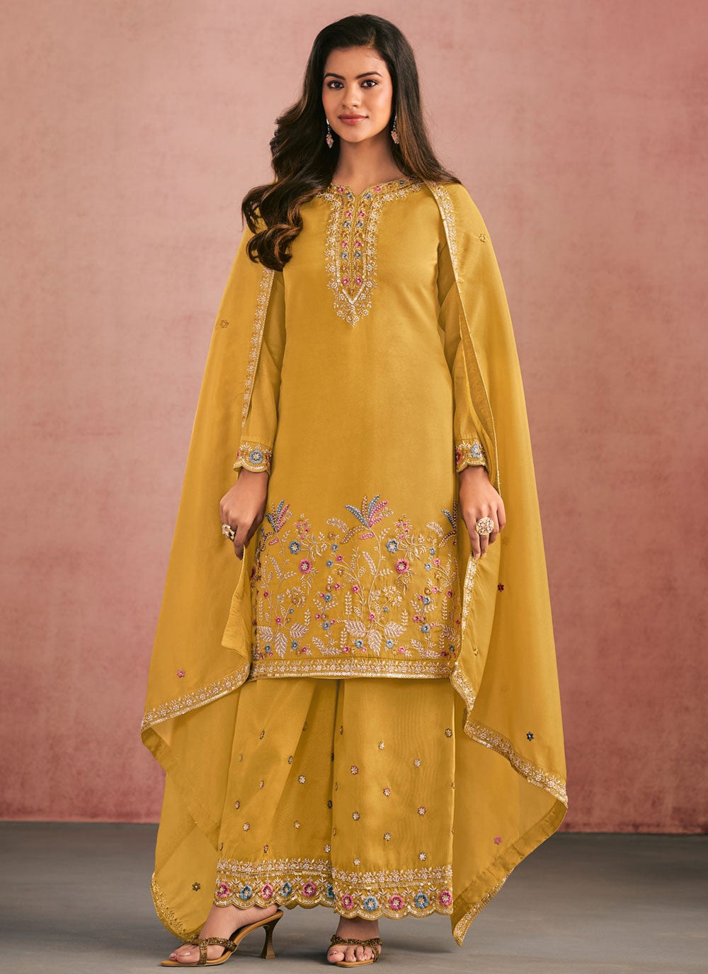 Palazzo Suit Embroidered, Thread Mustard T8772