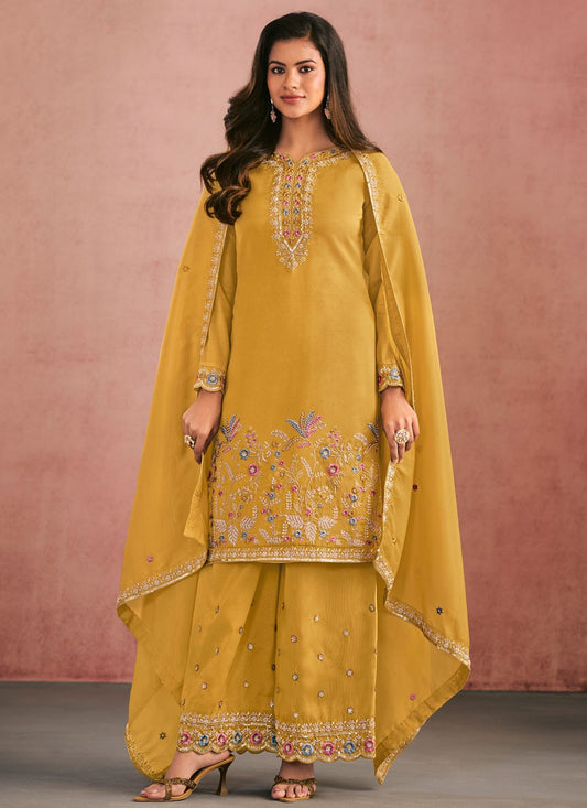 Palazzo Suit Embroidered, Thread Mustard T8772