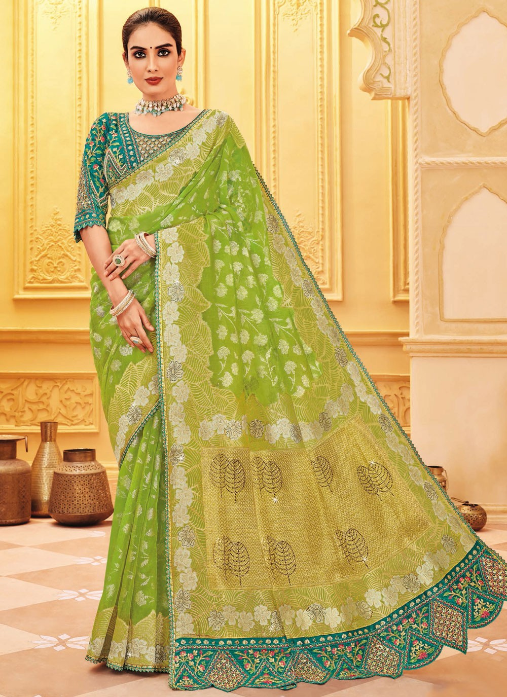 Traditional Embroidered Green Silk Saree S13497