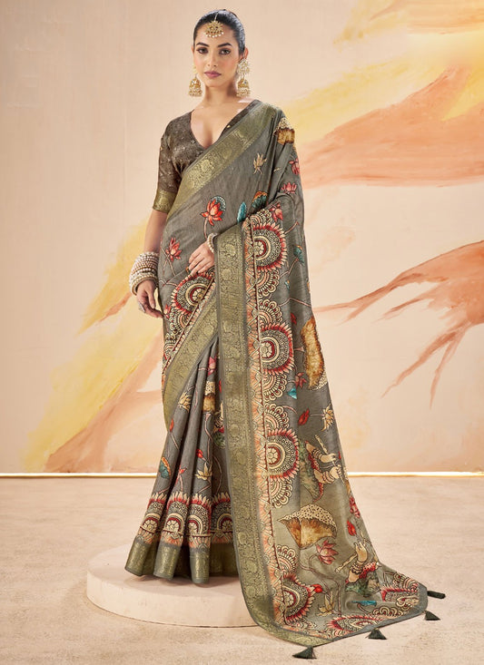 Grey Silk Traditional Saree Printed, Weaving Zari S19099