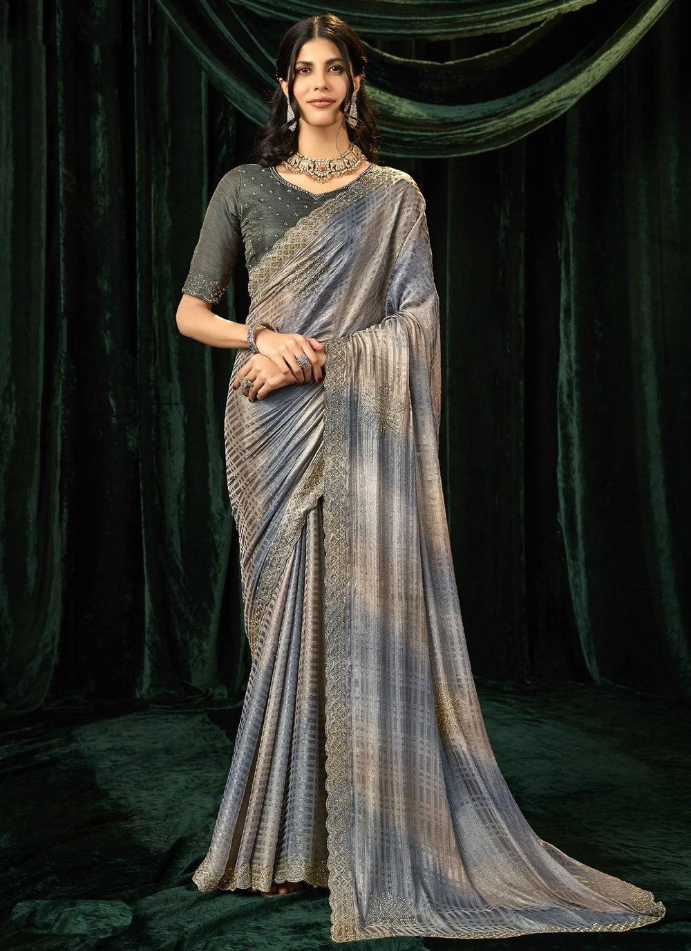 Grey Silk Traditional Saree Beads, Border Work, Thread S19298