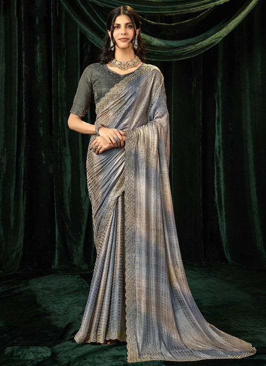 Grey Silk Traditional Saree Beads, Border Work, Thread S19298