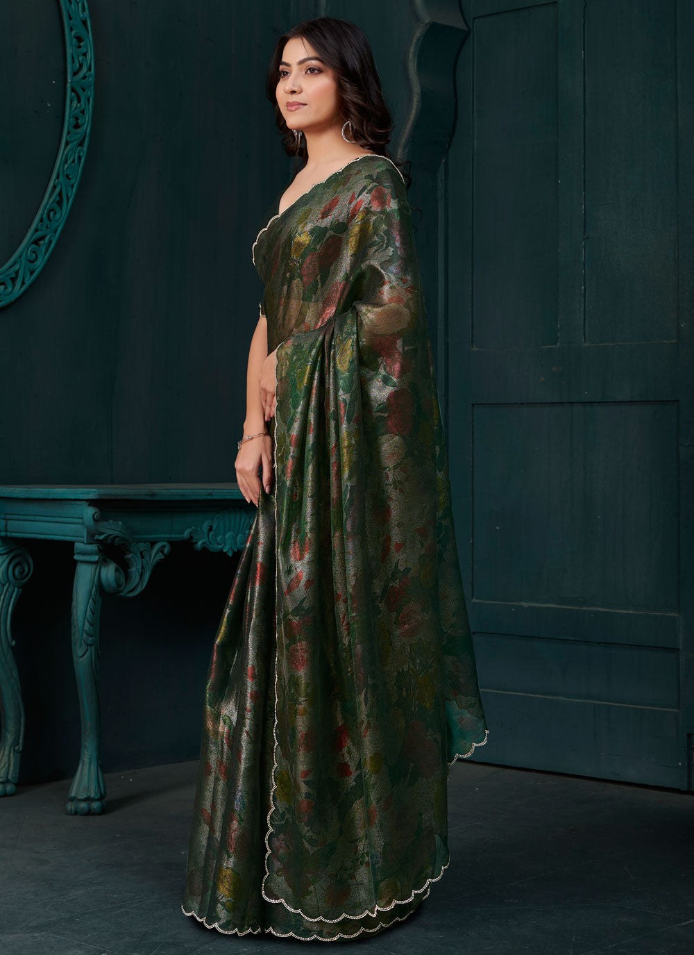 Cut Work Silk Green Traditional Saree S15133