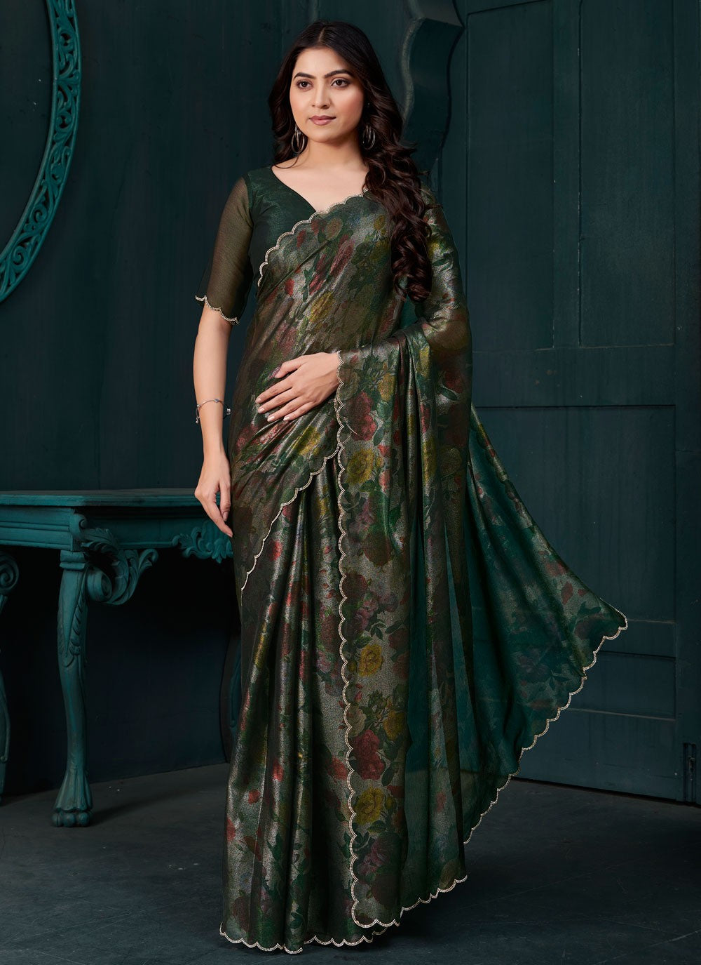 Cut Work Silk Green Traditional Saree S15133